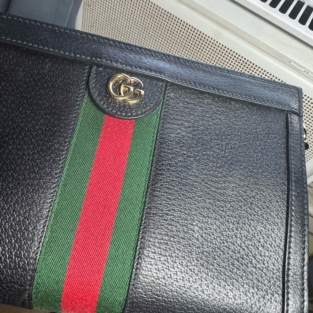 Gucci Black Leather Clutch with Green and Red Stripe and Gold Chain Accent - Picture 5 of 7